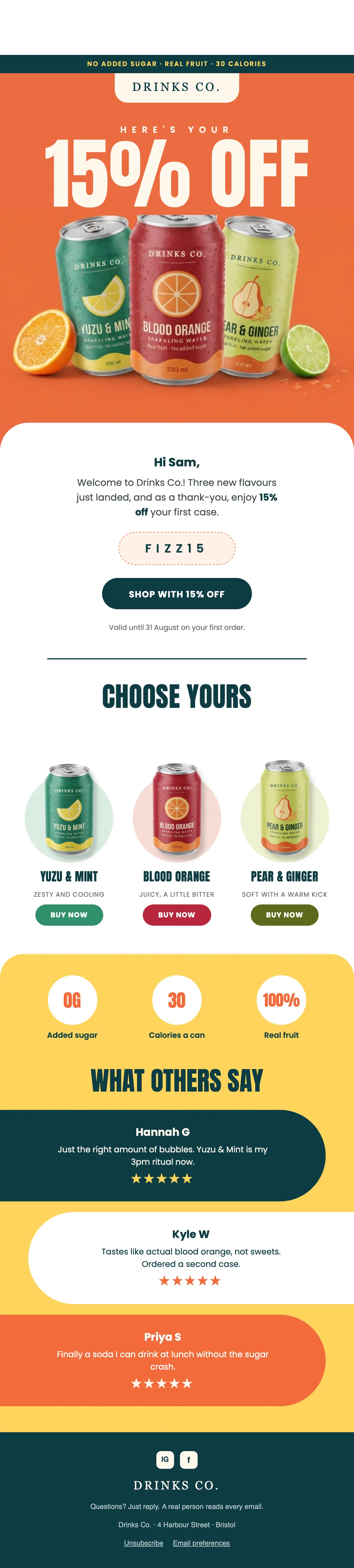 The rebuilt welcome email: one offer, a code, three products and real customer reviews